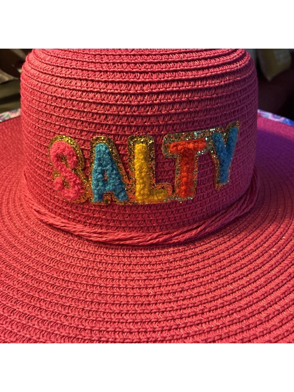 Simply Southern SALTY Sun Hat Hot Pink Straw Beach Wide Brim Chenille Lettering